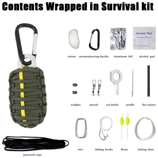 Paracord Survival Kit Green with Yellow Stripe